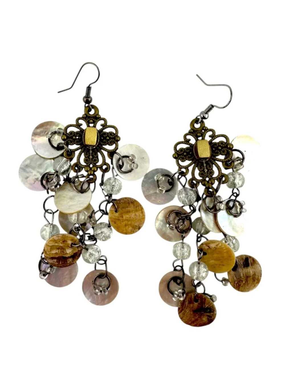 Vintage Mother of Pearl Chandelier Earrings Boho Shell Cascade Dangle 3.5